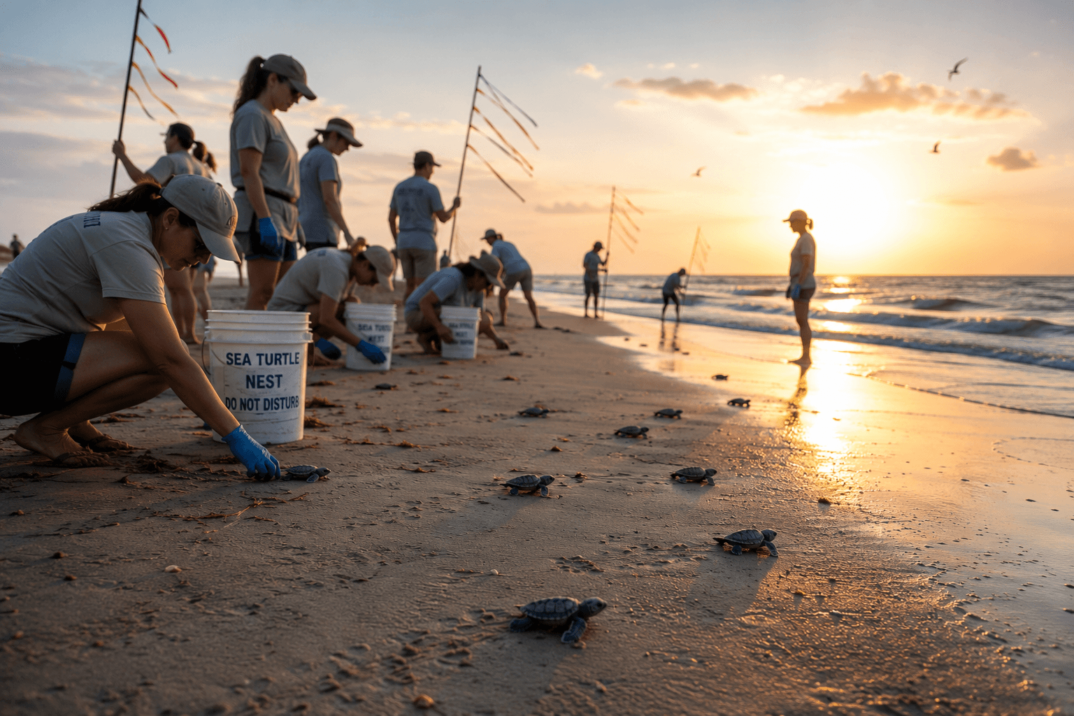 Volunteers releasing sea turtles at sunrise on a Texas beach