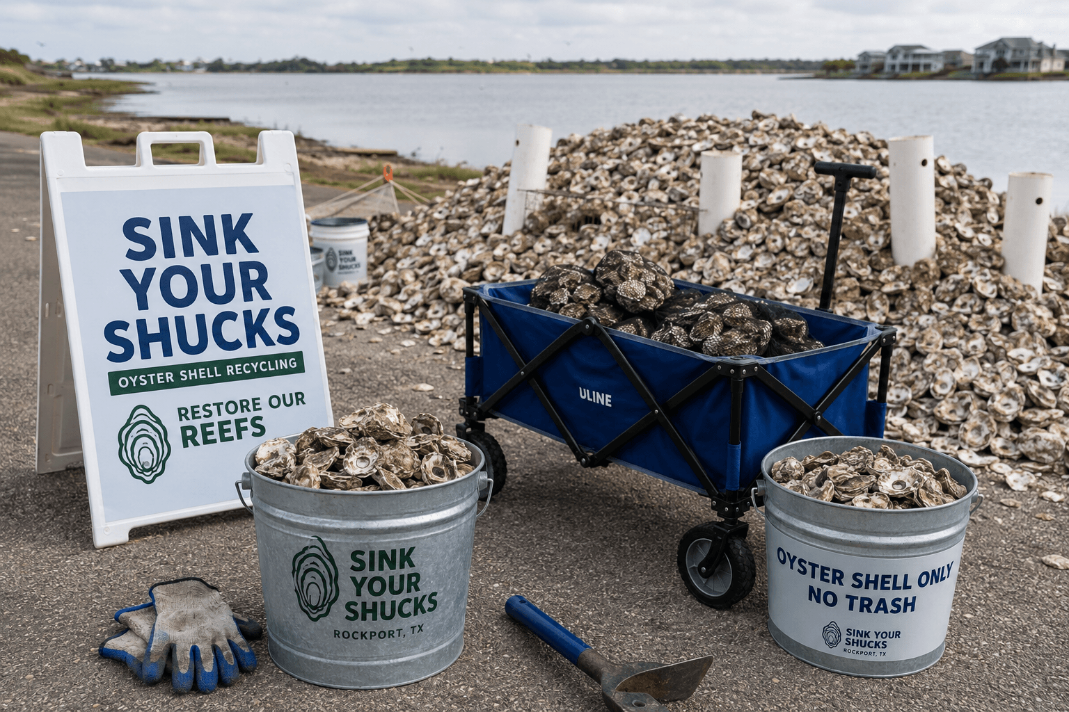 Sink Your Shucks oyster shell recycling setup at Aransas Bay, Rockport Texas